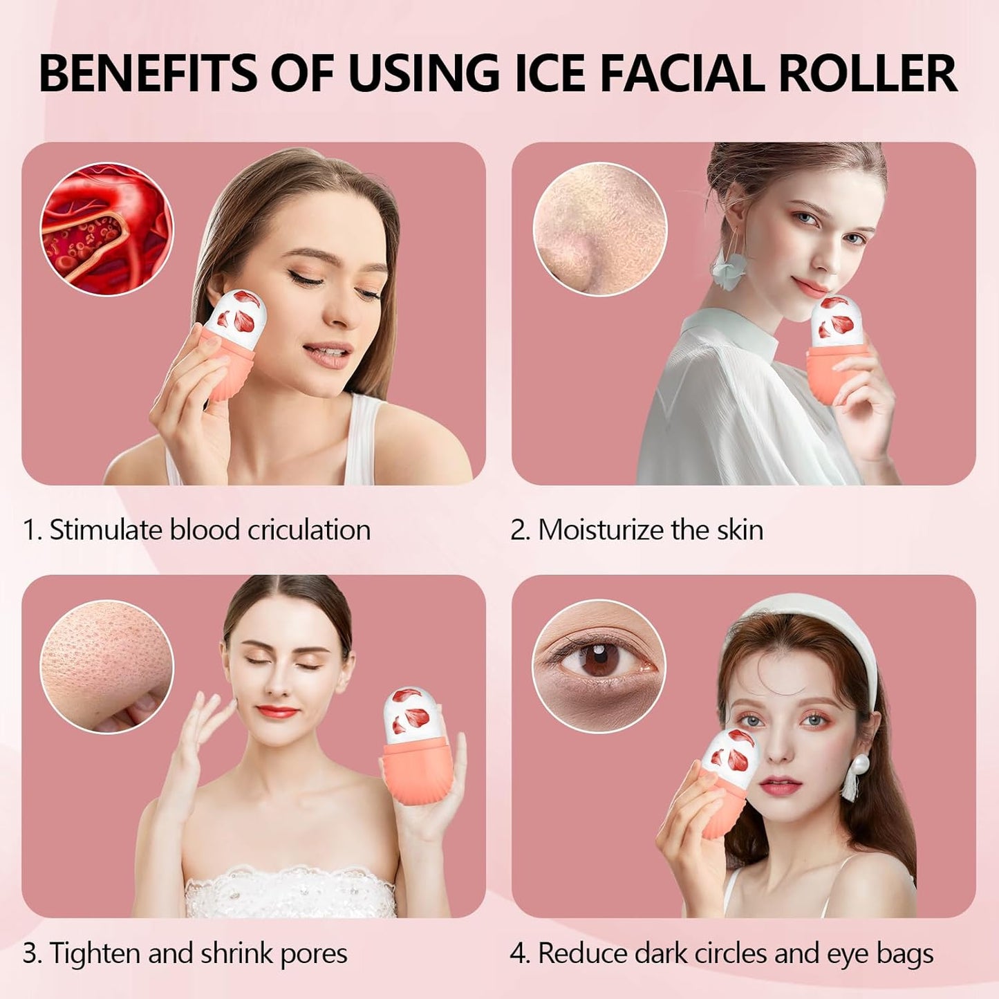 Ice Roller for Face and Eye, Silicone Ice Facial Roller Ice Holder, Face Ice Mold Skin Care, Face Icers Reusable Ice Cube Roller for Shrink Pores Anti Wrinkle Reduce Puffiness, Pink
