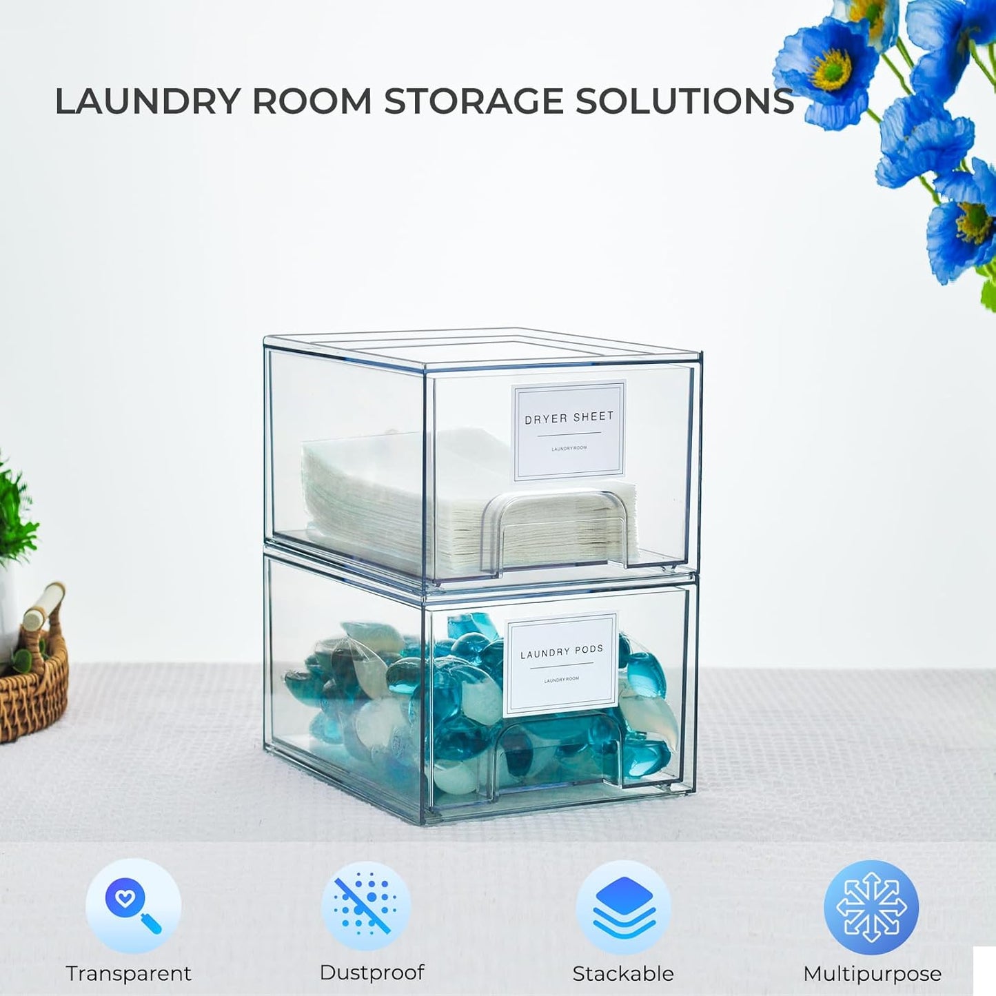 2 Pack Laundry Room Organization and Storage Containers with Labels, Stackable Clear Plastic Storage Drawers for Dryer Sheet Holder, Laundry Pods Container, Laundry Room Decor for Organizing