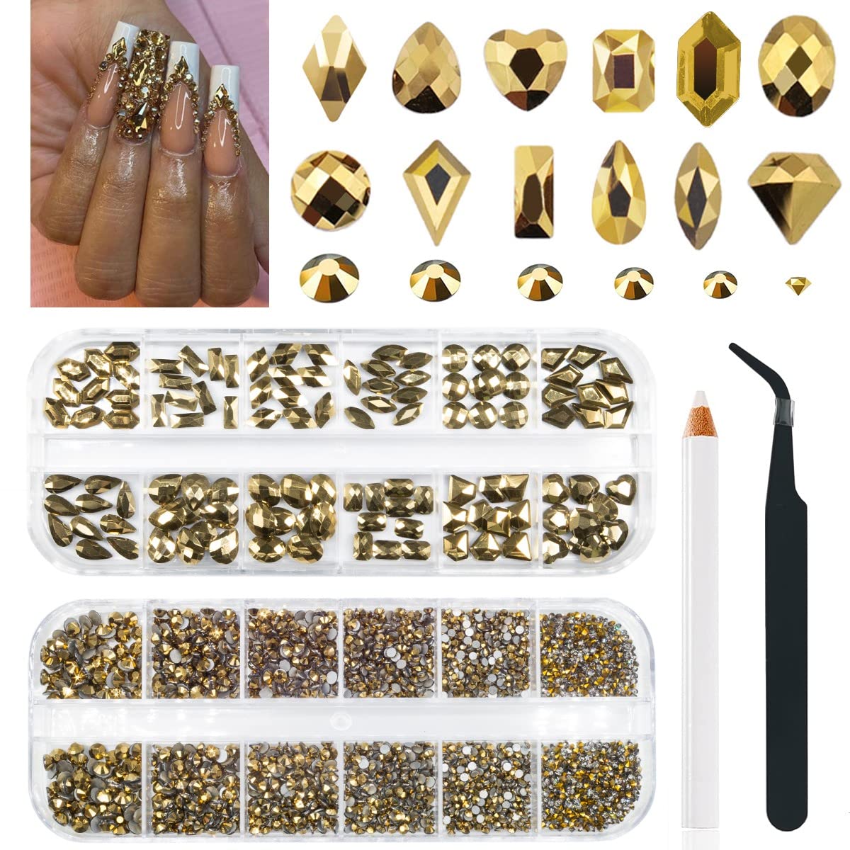 Old Golden Nail Rhinestones 120 Multi Shapes Flatback Gems K9 Glass Stones Metallic Gold Round Beads Diamonds Jewels Crystals w Pick Pen Charms for Nails Faces Eyes Makeup Crafts Clothes Shoes