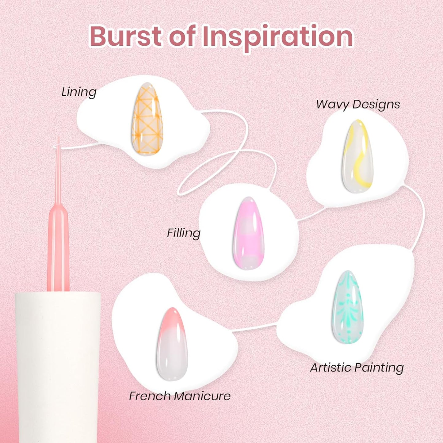 Beetles Gel Liner Nail Art Polish Set Pastel Gel Nail White Gold Red Glitter Neon French Tip Nails Polish Paint Swirl Built Thin Brush in Bottle Soak off Uv Lamp Nails Art Kit Gifts for Women