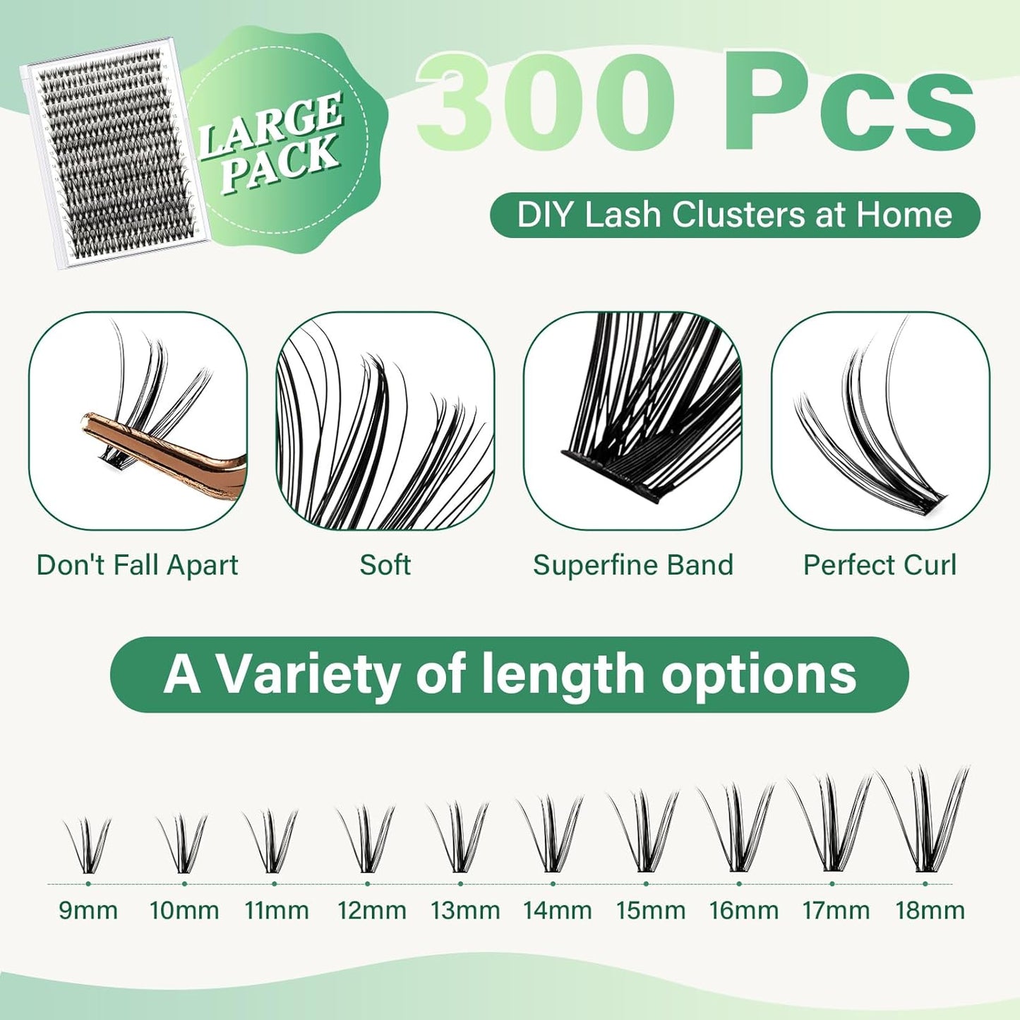 KEYYOU Lash Extension Kit DIY 300Pcs Lash Clusters Eyelash Extension Kit 30D C Curl 9-18MIX Lash Clusters Kit with Lash Glue Remover Applicator Easy to Use for Beginners(Kit,30D-C,9-18MIX)