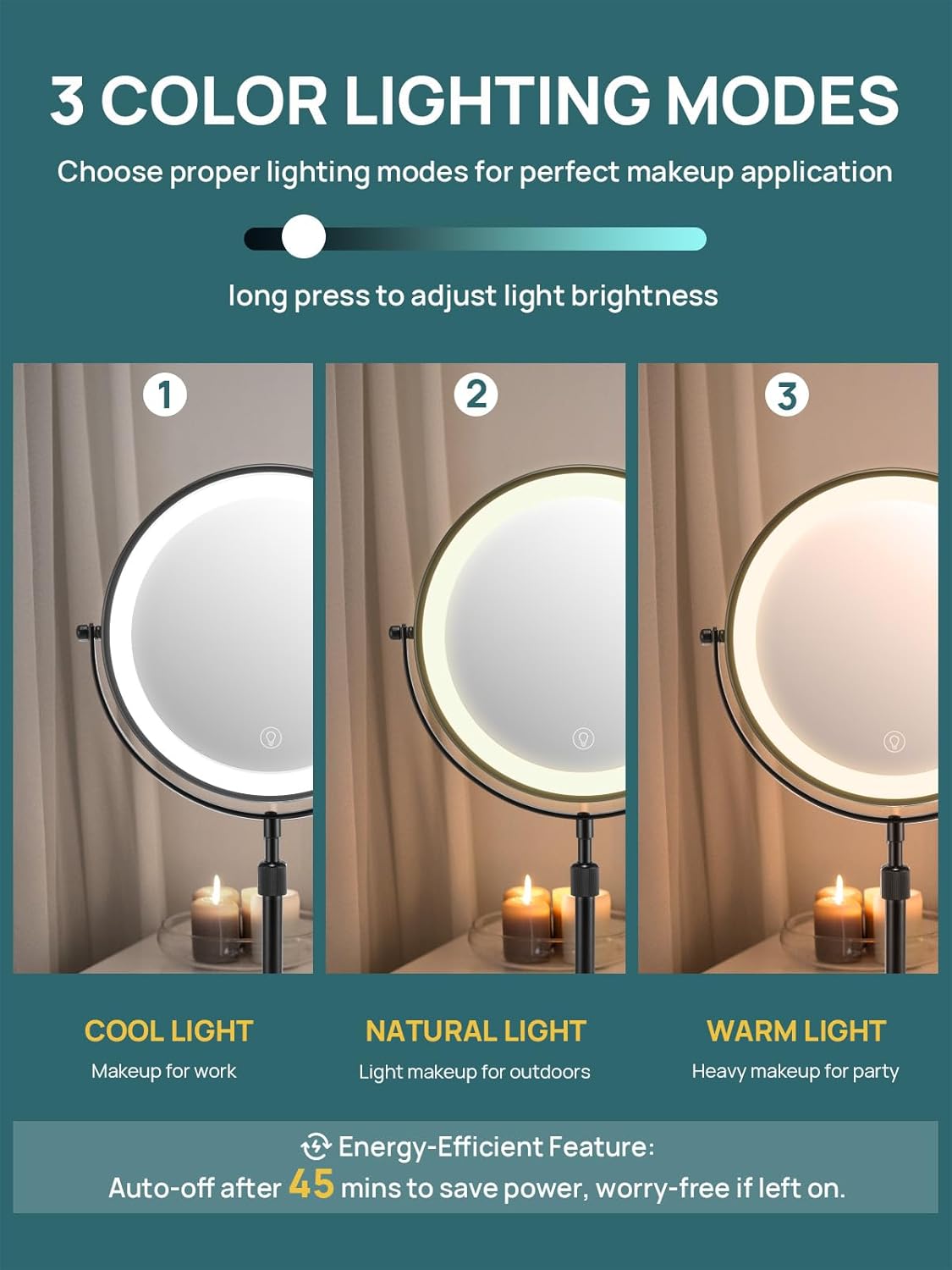 OMIRO 3X/10X Magnifying Makeup Mirror with Lights, 8.5 Inches Double Sided Swivel-Free Vanity Mirror with Height-Adjustable Stand. (Black)