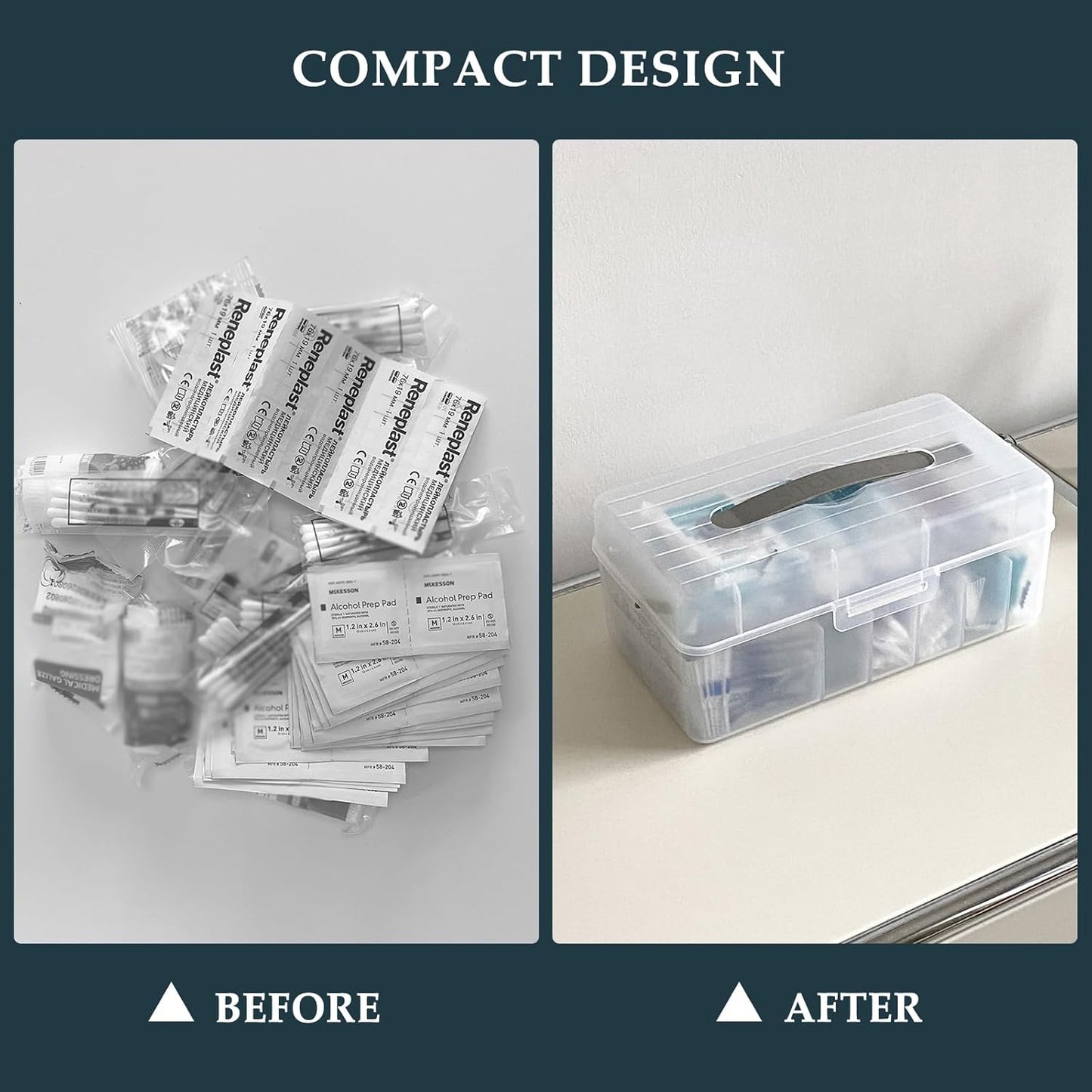 Bandage Organizer with Lid and Handle, Plastic Bandaid Storage Container for Home Medicine Cabinet, First-Aid Holder for Strip, Medical Elastic Wrap, Alcohol Swab Sorter Box, 2 Pack