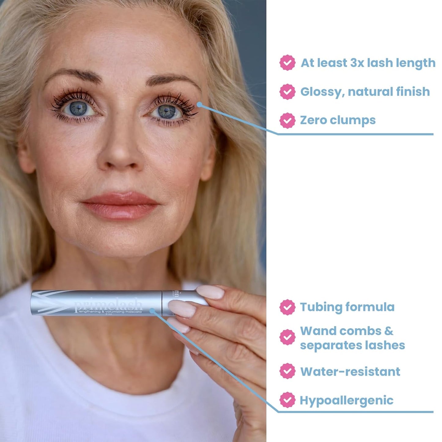 PrimeLash Mascara for Older Women – Volumizing, Incredible Length in 2 Coats – Long-Stay, Zero Clumps, Hypoallergenic (Black)