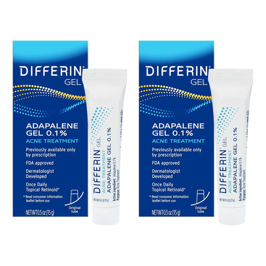 Differin Acne Treatment Gel, 60 Day Supply, Retinoid Treatment for Face with 0.1% Adapalene, Gentle Skin Care for Acne Prone Sensitive Skin, 15g Tube (Pack of 2) (Packaging May Vary)