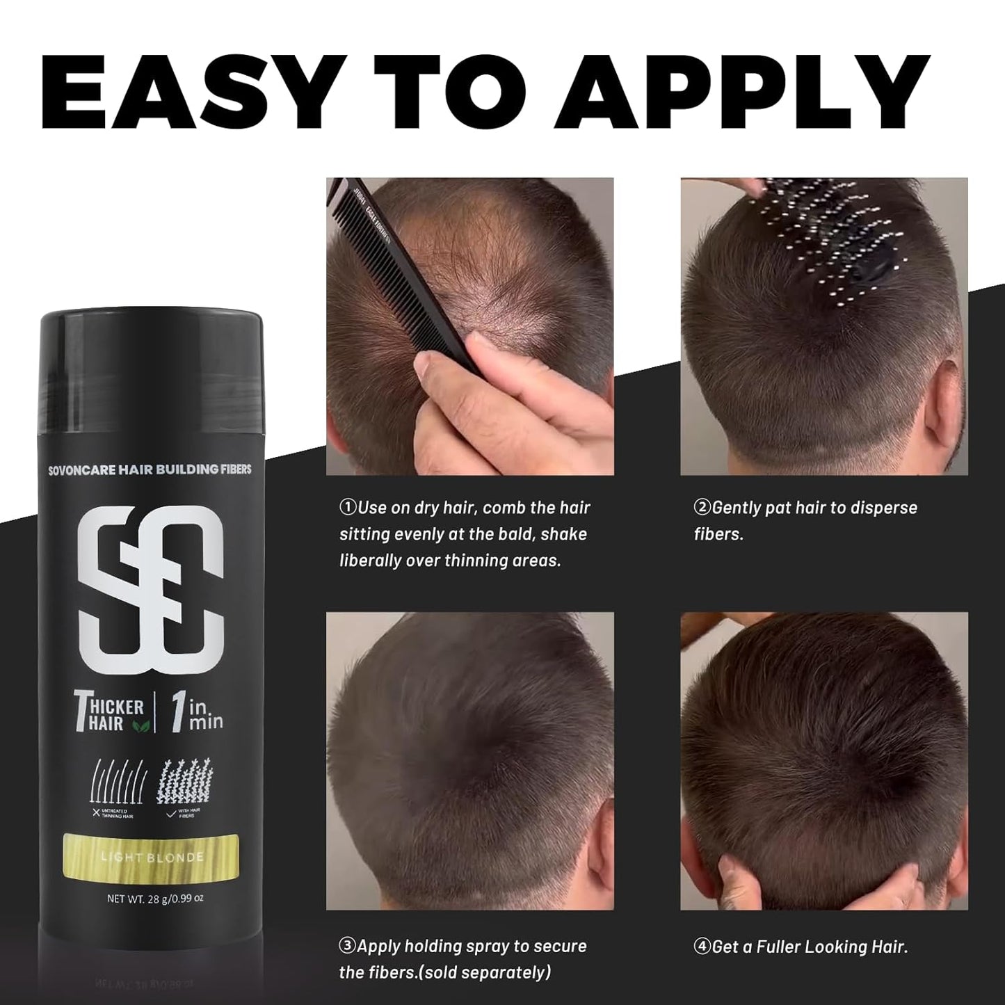 SOVONCARE Hair Fibers for Thinning Hair Light Blonde, Hair Building Fibers for Bald Spots Undetectable & Natural, Conceals Hair Loss Fill In Fine Hair Powder Hair Thicker Instantly for Women & Men 28g