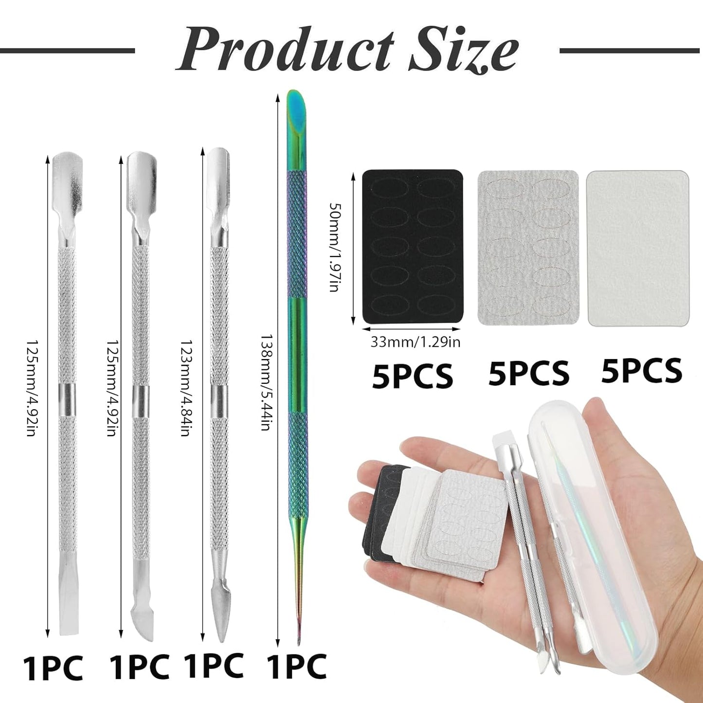 4 Pack Professional Nail Polish Around Cuticle Remover Tools, Pre-treatment Cuticle Pusher with 15 Sheets 100/180/240 Grit Sandpaper, Dual-Ended Russian Nail Polish for Manicure Pedicure Salon