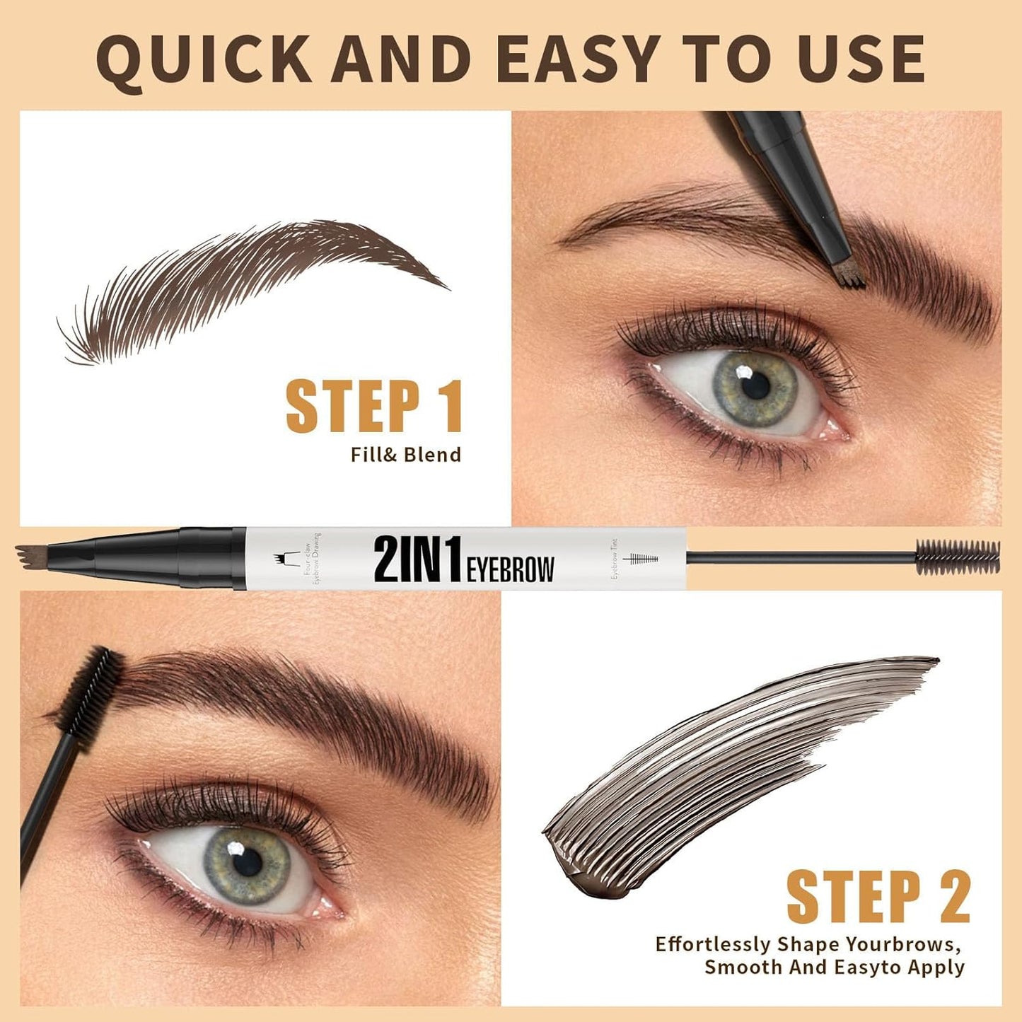 4-Fork Tip Microblading Eyebrow Pen - 2-in-1 Waterproof Eyebrow Pencil, Long-Lasting Natural Hair-Like Brows, Smudge-Proof & Easy to Use (With Tint 02#Brown)
