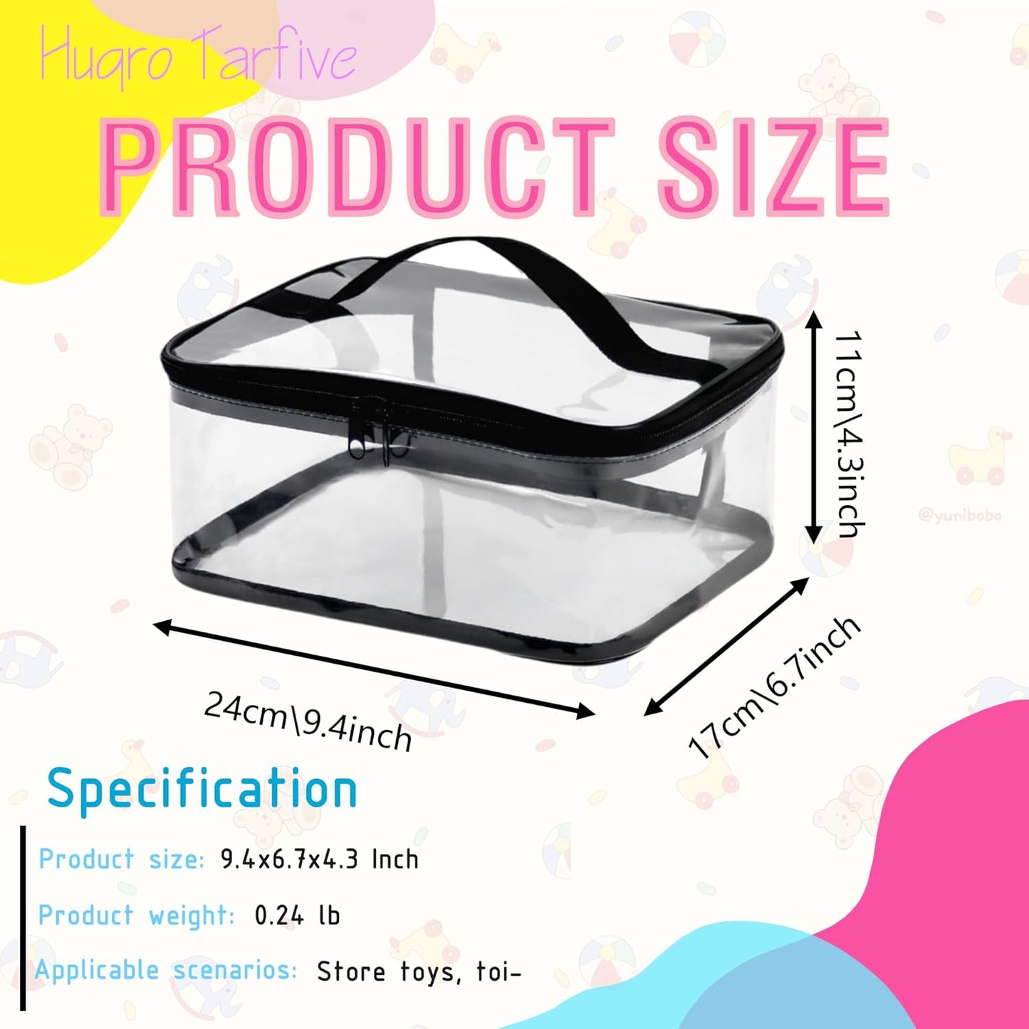 Transparent PVC Storage Bags with Reinforced Handles & Double Zipper - Waterproof Organizer Pouches for Toys, Travel Toiletries, Makeup, Crafts (9.4x6.7x4.3 Inch) 6 Pack