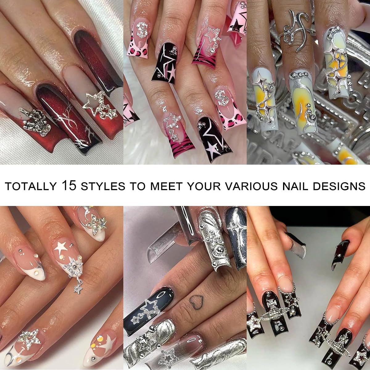 120+ Pcs Star Nail Charms Inlaid Rhinestones Gems, Silver Star Planet Cross Nail Art Decorations Shiny Jewelry for Acrylic Nail Accessories for Women Girl Manicure DlY Crafts Supplies