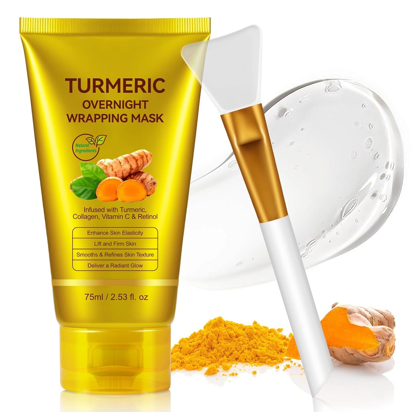 Turmeric Vitamin C Collagen Overnight Wrapping Peel Off Mask for Lifting & Firming Face/Neck, Saggy/Dull/Roughed Skin treatment for Clear, Dewy, Radiant Face, 2.53 Oz/75 ML