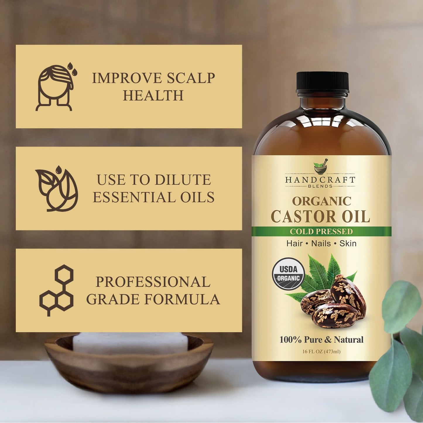 Handcraft Blends Cold-Pressed Organic Castor Oil in Glass Bottle - 16 Fl Oz - 100% Pure and Natural - Premium Grade Carrier Oil for Hair Growth, Eyelashes and Eyebrows - Hair and Body