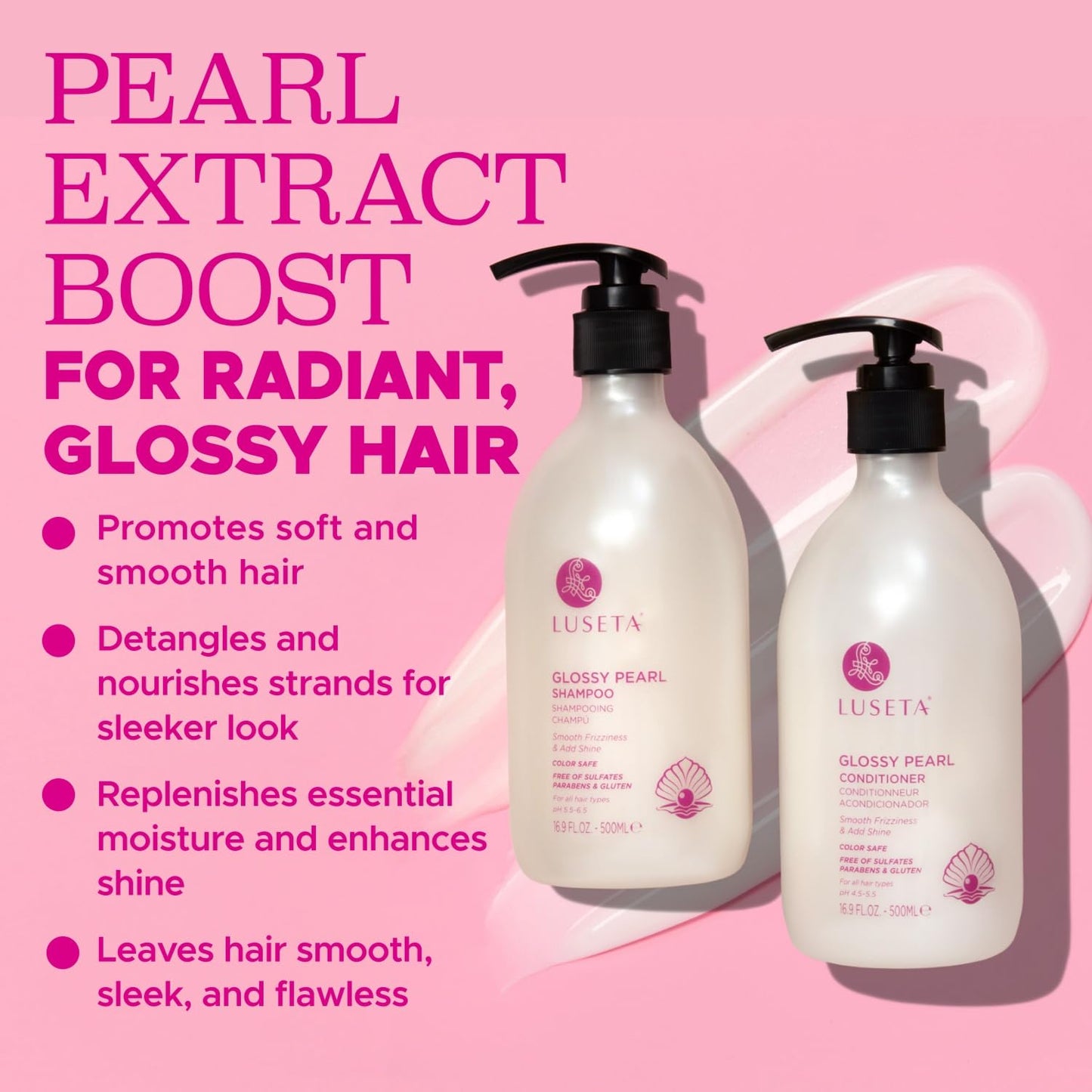Luseta Glossy Pearl Shampoo and Conditioner Set Smooth & Moisturize, Fight Frizziness and Add Shine,Hydrating for Damaged Hair, Detangle,Nourish Strands,Paraben Free, Sulfate Free,16.9oz
