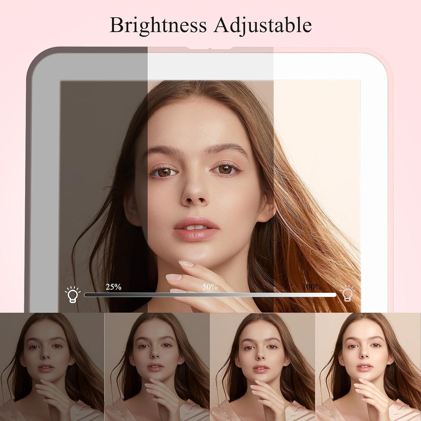 FUNTOUCH Rechargeable Travel Makeup Mirror with 72 Led Lights, Portable Lighted Makeup Mirror, 3 Color Lighting, Dimmable Touch Screen, Type C, Tabletop LED Folding Cosmetic Vanity Mirror (Pink)