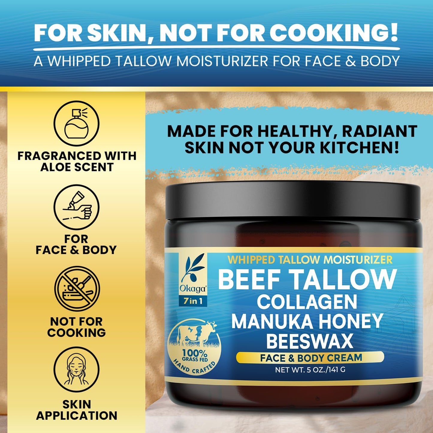 Organic Beef Tallow for Skin, Organic Grass-Fed Beef Tallow Balm with Manuka Honey, Aloe Vera, Jojoba Oil, Collagen & Beeswax, Olive Oil, Moisturizer for Dry Skin, Nourishes Face, Body & Lips (3 Pack)