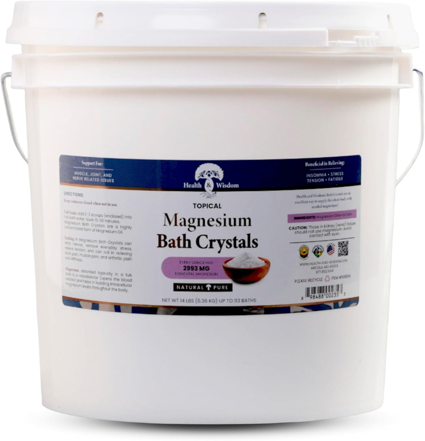 Health and Wisdom Magnesium Bath Crystals - Bath Salts with High Concentration & Enhanced Absorption for Muscle & Joint Relief - Dead Sea Sourced - Unscented - 14 lbs - Up to 113 Uses
