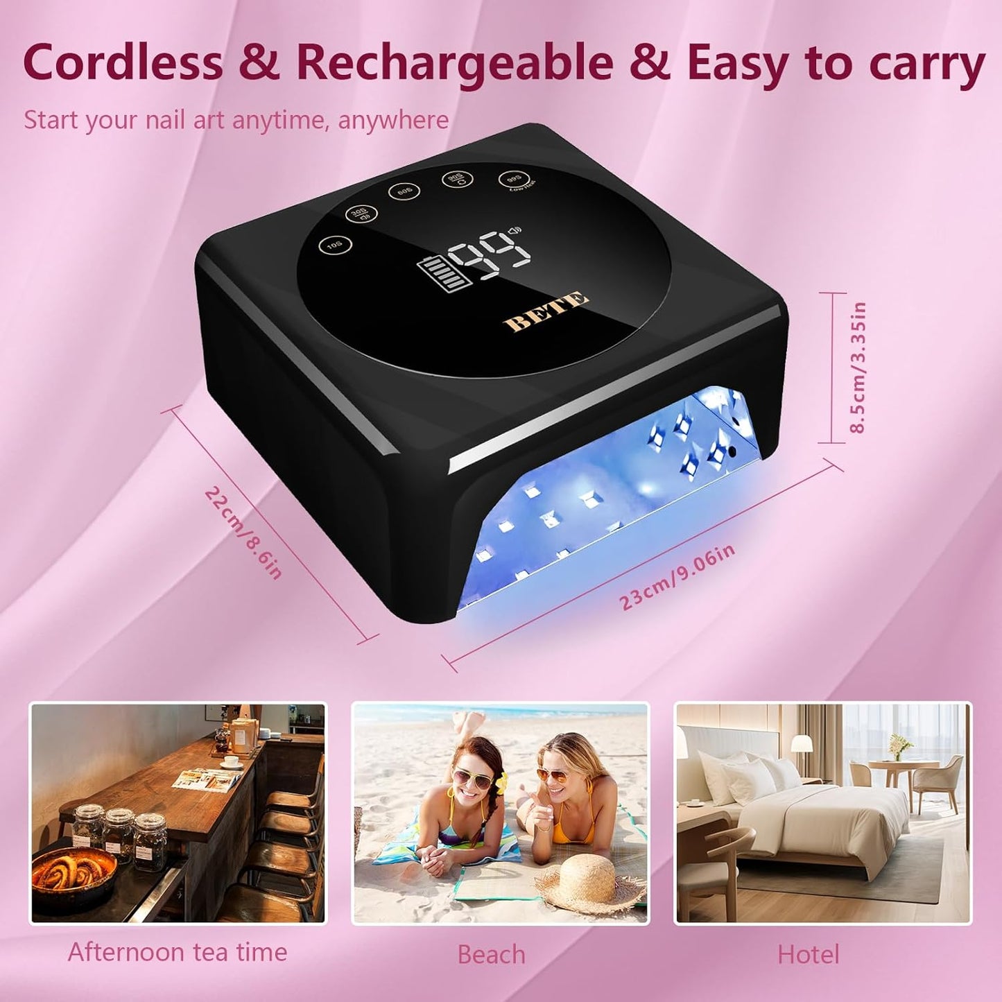 BETE Cordless LED Nail Lamp, 78W Rechargeable UV Nail Light, Intelligent Infrared Sensor and LCD Display Curing Nail Lamp, Portable Nail Dryer Gel Polish Light with 5 Timer Setting Black