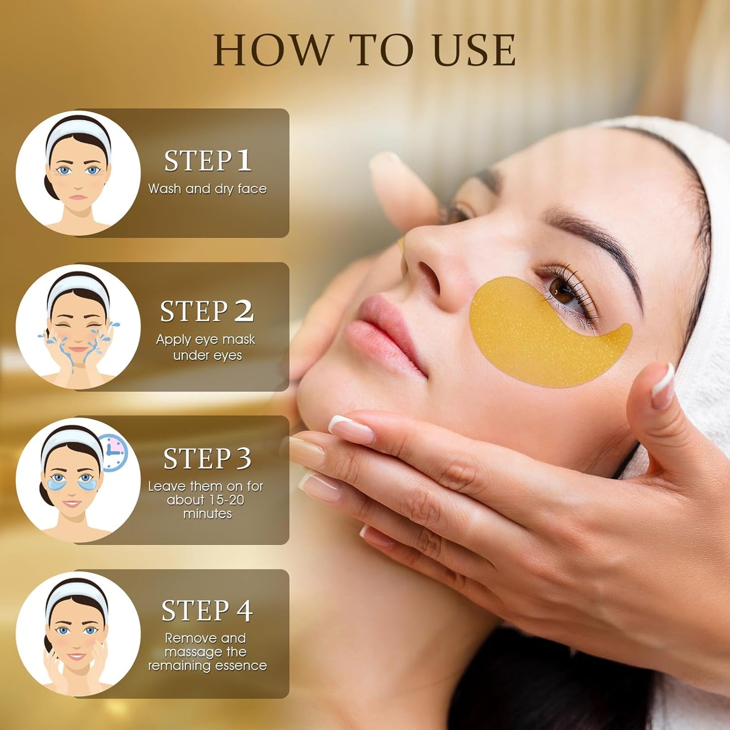 Under Eye Patches Masks - 24K Gold Eye Patch for Dark Circles & Puffy Eyesg,Fine Lines,Eye Bags Collagen Infused with Hyaluronic Acid Wrinkle Smoothing, Hydration & Firming Care (30 Pairs) Gold