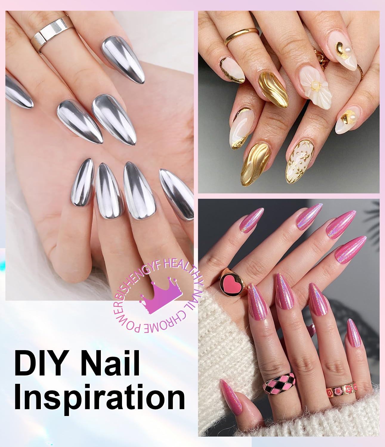 Mermaid Gold Chrome Nail Powder: 6 Colors Mirror Effec Green/Pearl Chrome Nail powder,Magic Mermaid Pink Chrome Nail Powder Pigment for Nail Art Design Home DIY（Laser/Silver）