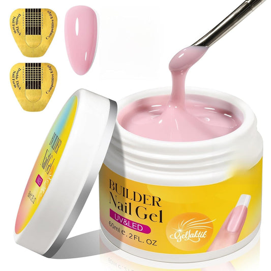 Builder Gel for Nails, 60g Pink Hard Gel for Nail Extension with 10 Nail Forms, Strengthener & Thickening, UV LED Lamp Cured Sculpture, Repair Broken Nails, Salon DIY Manicure Kit