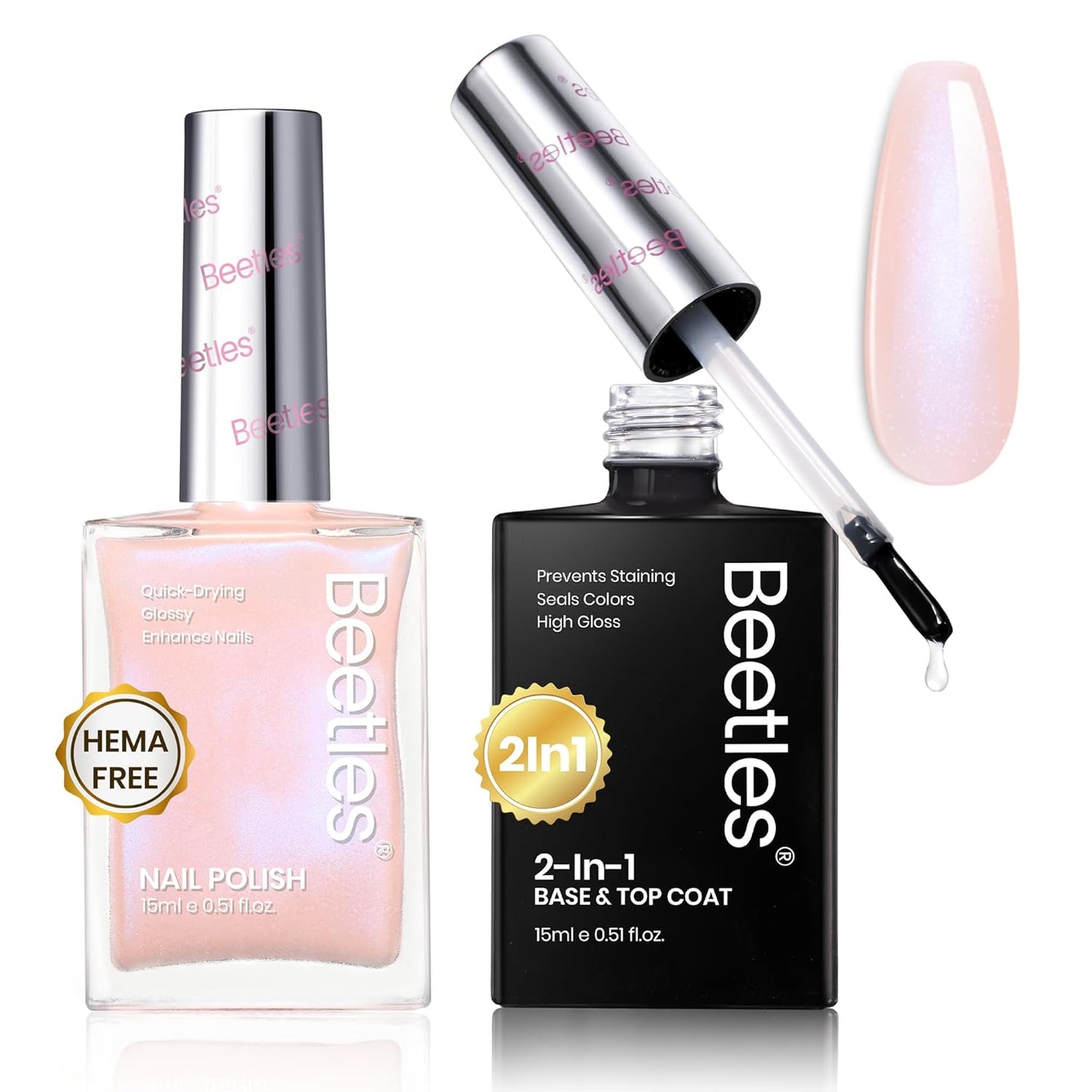 Beetles Pink Glitter Nail Polish and 2 in 1 Base & Top Coat Set, Fast Drying & Natural Nail Lacquer Strengthen Shimmer-Like Purple Mermaid Tears, No UV Lamp Needed for DIY Nail Art Gifts for Women