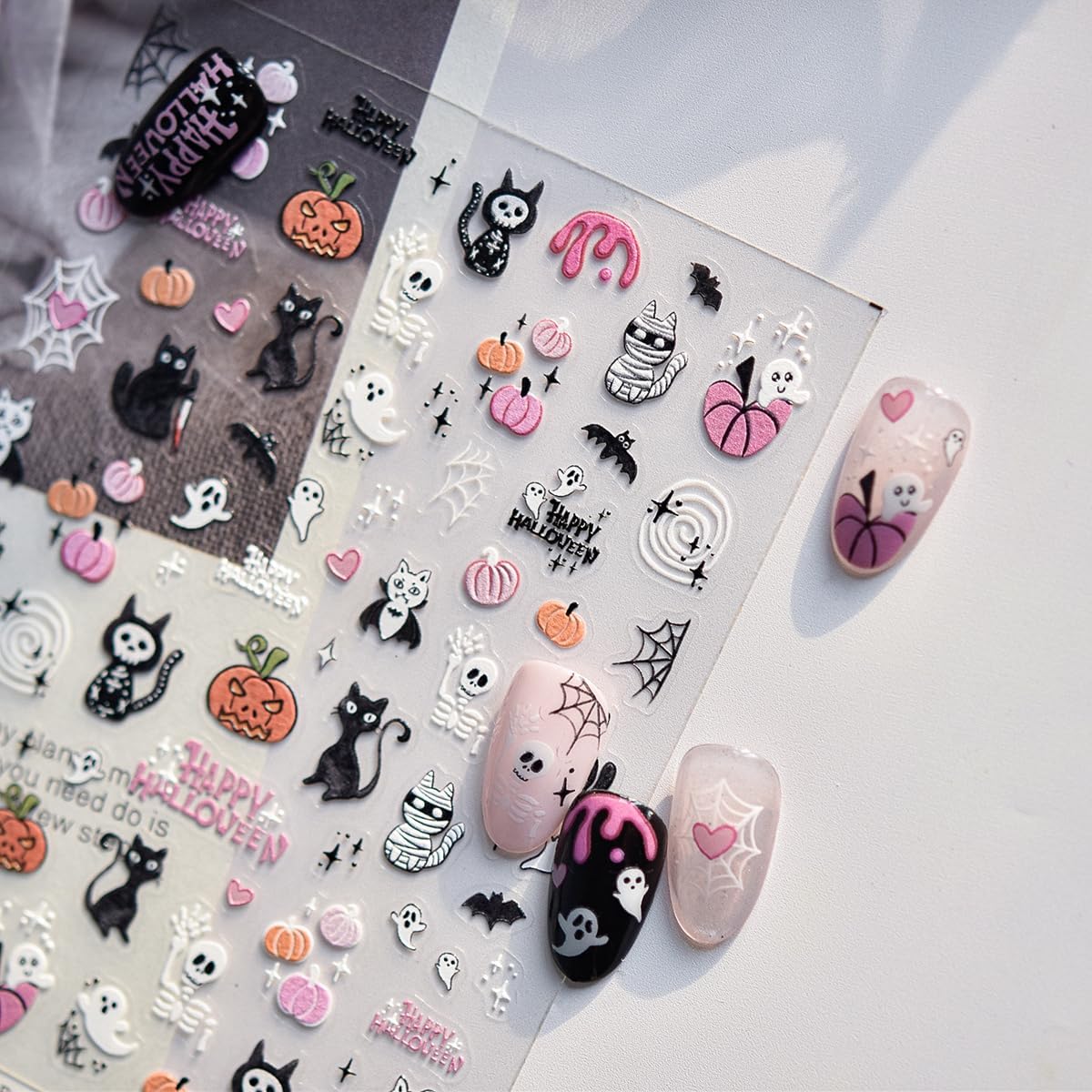 5D Embossed Halloween Nail Stickers Cute Pink Pumpkin Self-Adhesive Nail Art Pegatinas Uñas with Ghost Skull Cat Bat Designs Nails Decals Halloween DIY Manicure for Women Nails Art Decoration 1Sheet