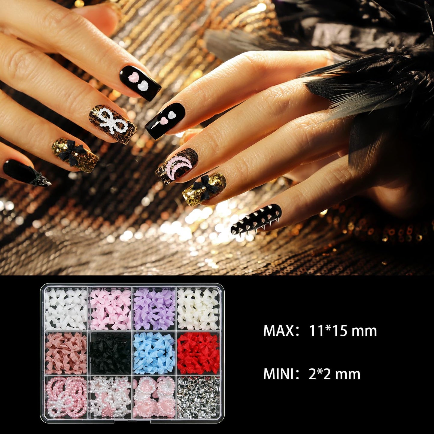 Artdone Nail Art Studs Kit, 12 grids 8 Colors 3D Charms and Pink Mix White Star Heart Moon Cute Nail Jewels for DIY Decoration