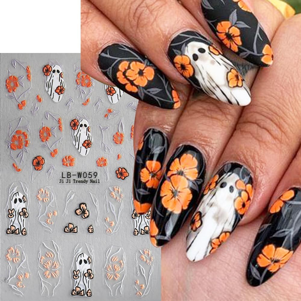 5 Sheets Halloween Nail Art Stickers Horror Ghost Self-Adhesive Embossed Flower Skull Nail Decals - with Cute Sunflower Strawberry Spider Ghost Designs for Women Girls DIY Nail Decoration