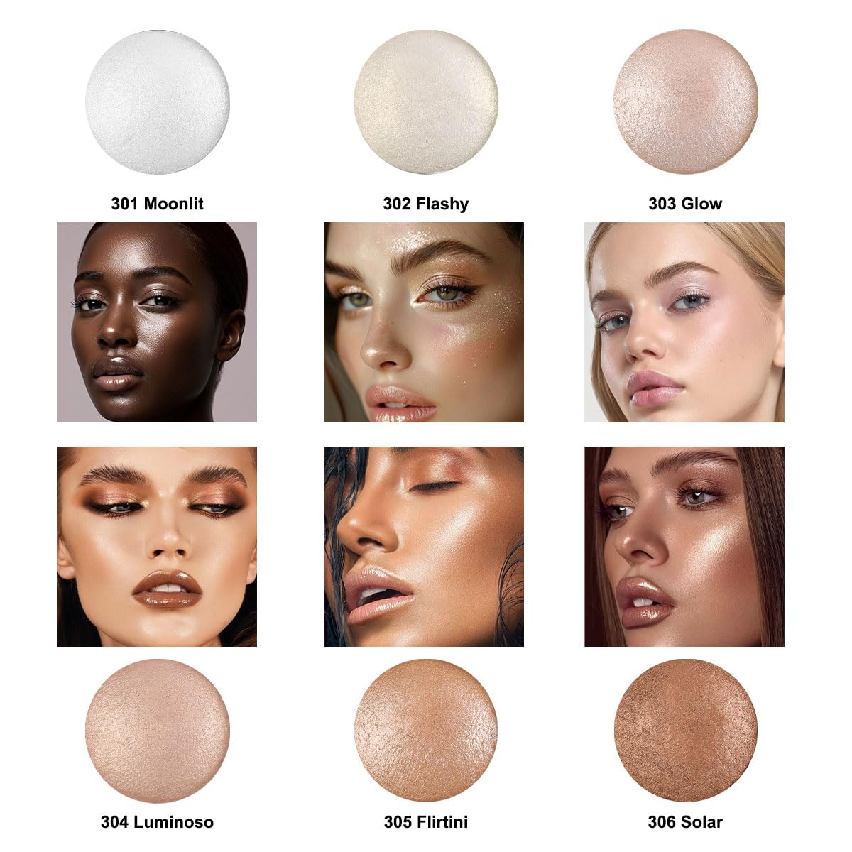 Baked Highlighter Contour Powder Sheer Pearl Shimmer Shades for Face Highlighter Makeup Brighten Up (303-Glow)