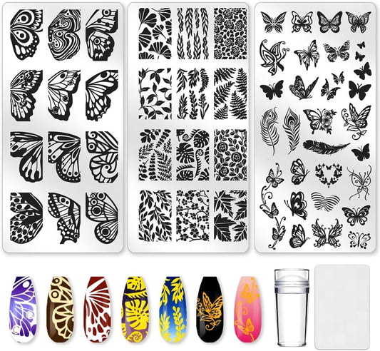 3Pcs Butterfly Nail Stamping Plate Set Floral Ginkgo Maple Leaves Stainless Steel Nail Stamp Templates Clear Silicone Nails Stamping with Stamper Scraper for Manicure Printing