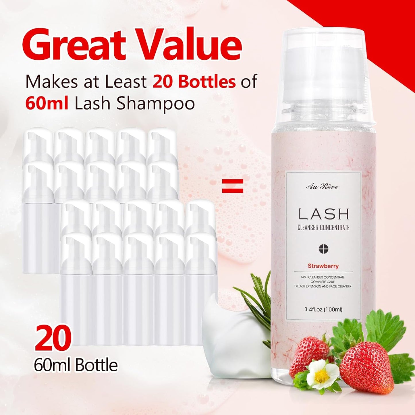 Lash Shampoo Concentrate 100ml Lash Extension Cleanser Oil-Free Eyelash Extension Shampoo with Salon Home Care -Makes 20 Bottles 60ml Eyelash Cleaner,Strawberry