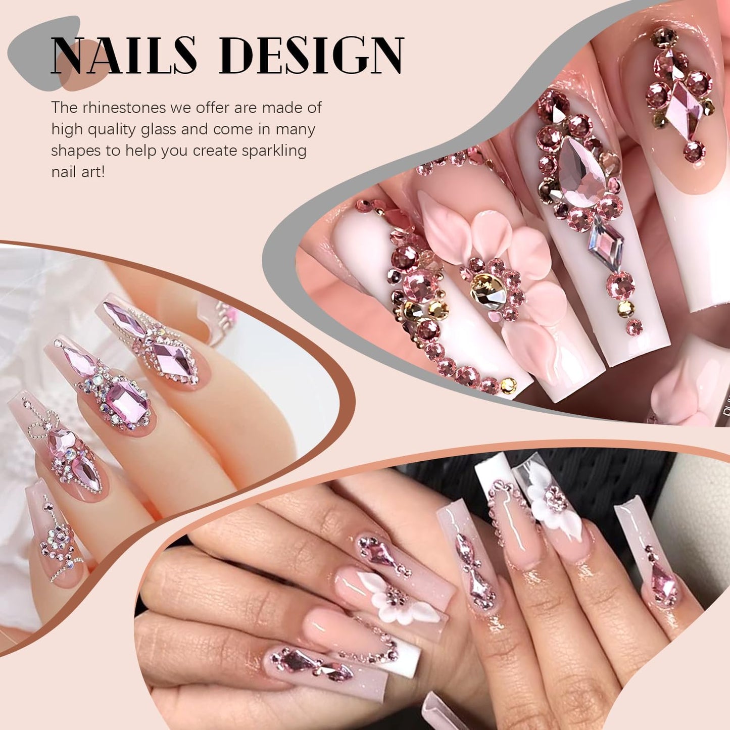 Pink Glass Nail Rhinestones - 2680pcs Multi-Shaped Flatbacks + 2560pcs Round Crystals with Glue Gel, Perfect for Nail Art