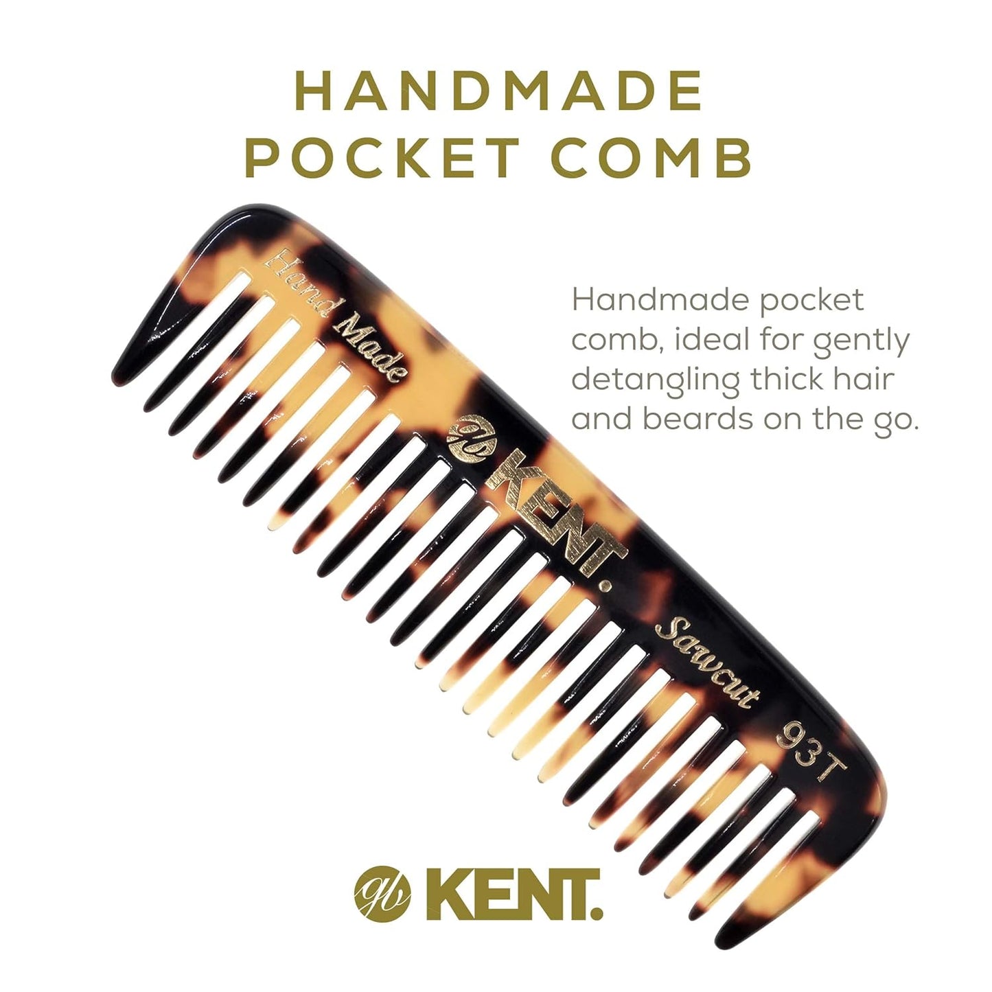 Kent 93T Tokyo Yellow Wide Tooth Small Comb for Men's Mustache and Beard Grooming, Pocket Sized Detangler Travel Comb, Saw-Cut and Polished, Handmade in England