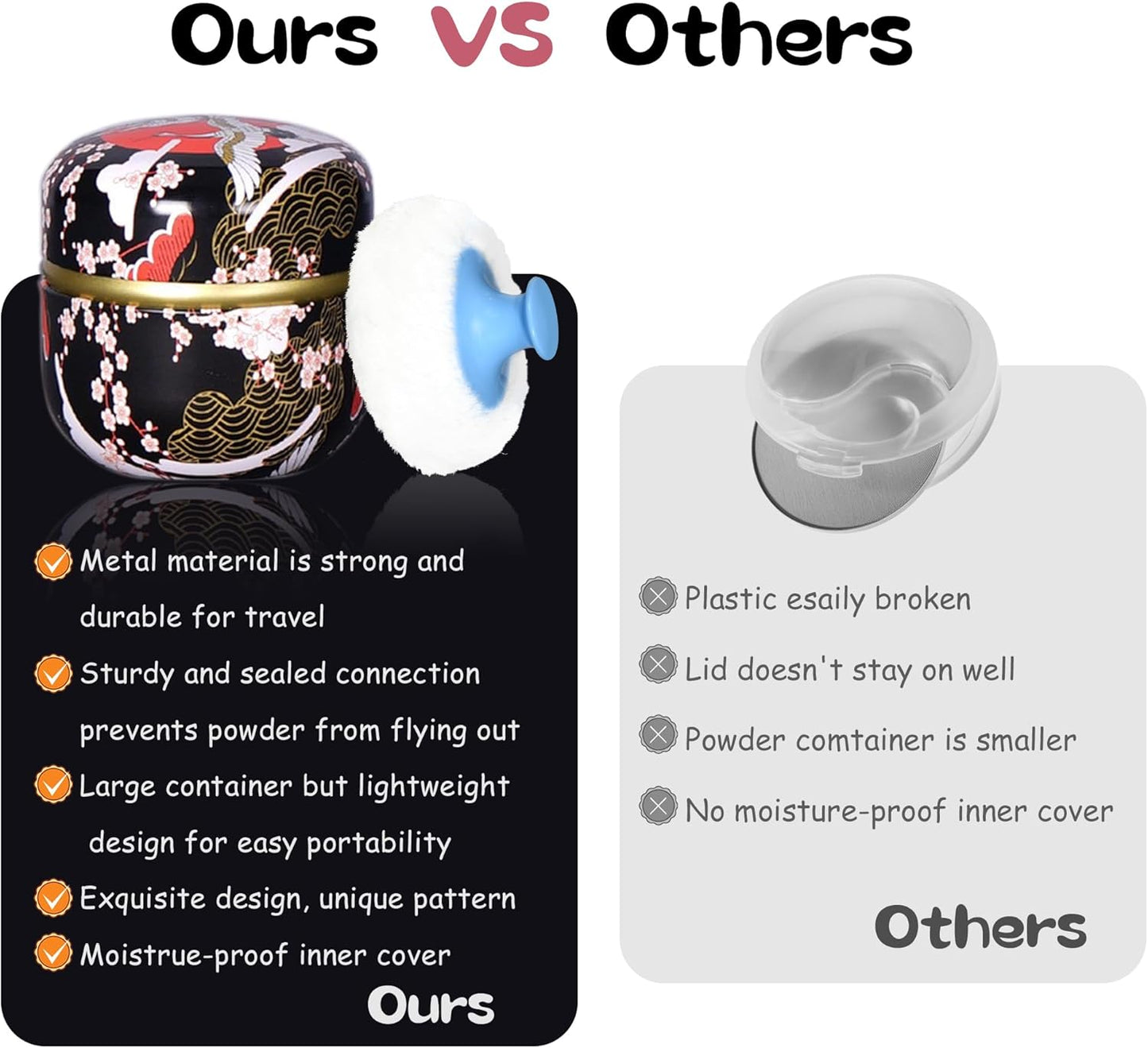 WEMEGA Body Powder Case with Powder Puff Powder Container Tea Box for Baby and Women Powder Puff and Powder Case for Travel (Black Crane)