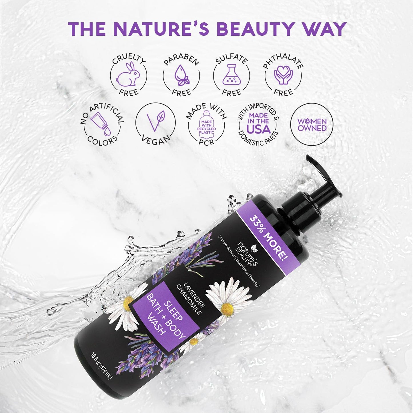 Nature's Beauty Lavender Chamomile Sleep Body Wash - Gentle Cleanser for All Skin Types - 16 Fl Oz