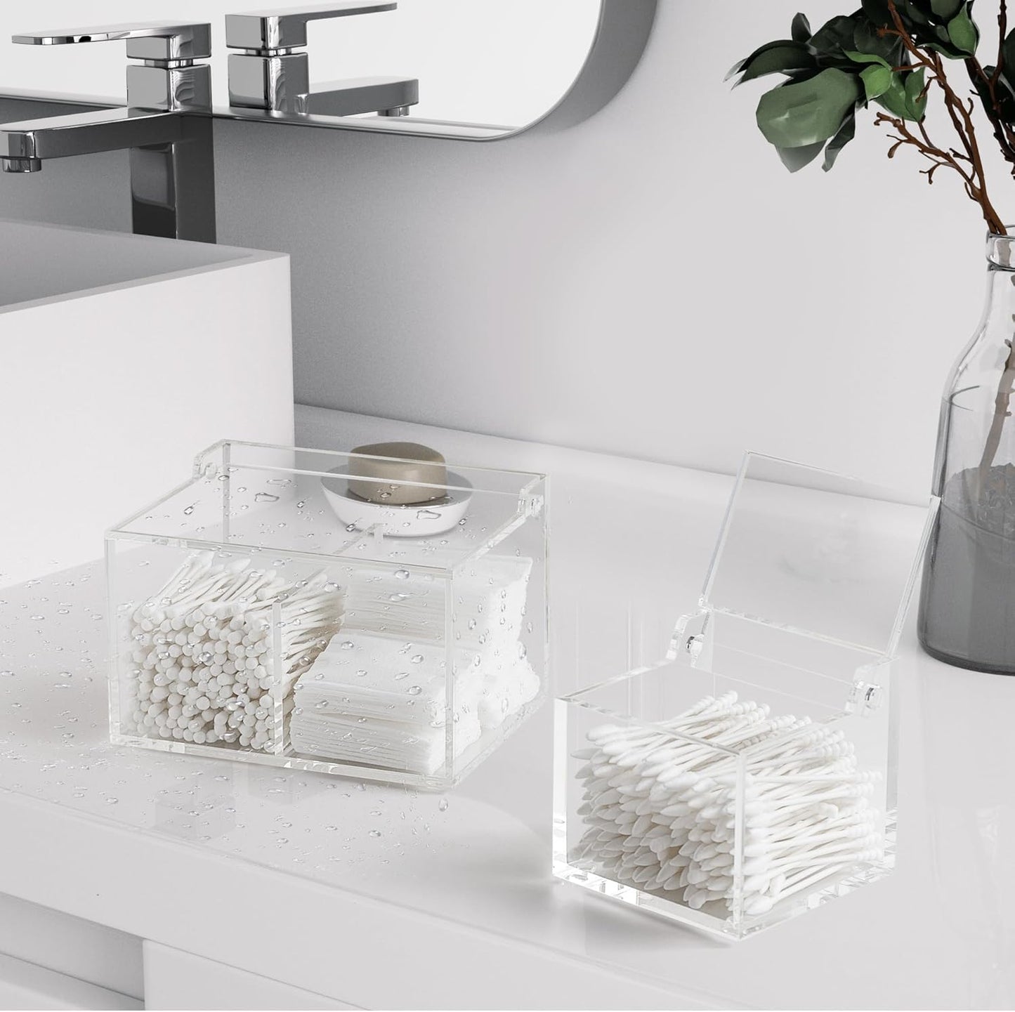 Clear Acrylic Qtip Holder With Lid Cotton Balls Swab Organizer,Square Q Tip Storage, Floss Picks, Bath Salts, Cotton Wab Holder,Home Bathroom Decor (DP011)