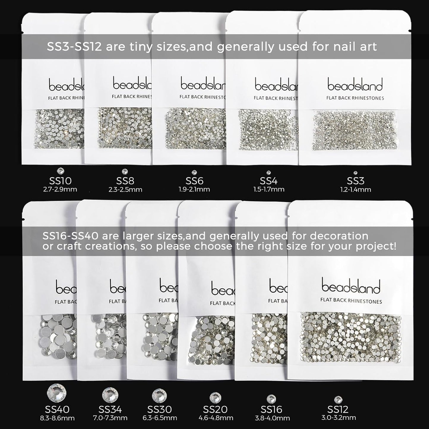 beadsland Flat Back Crystal Rhinestones Round Gems, Black (4.6-4.8mm) SS20/1440pcs