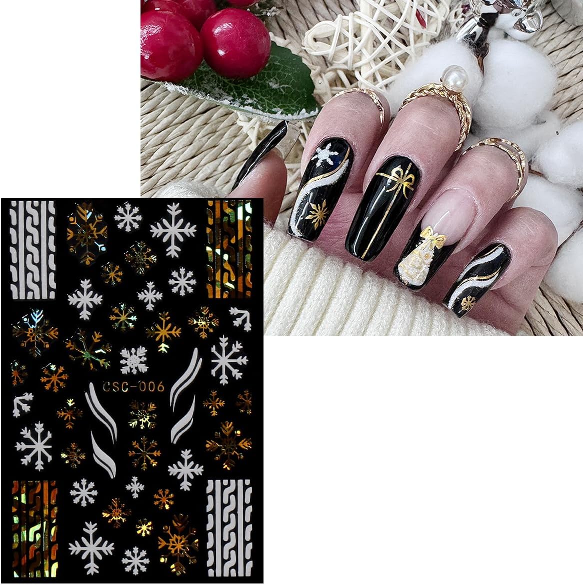 JMEOWIO 8 Sheets Christmas White Glitter Gold Nail Art Stickers Decals Self-Adhesive Snowflake Winter Holiday Nail Supplies Nail Art Design Decoration Accessories