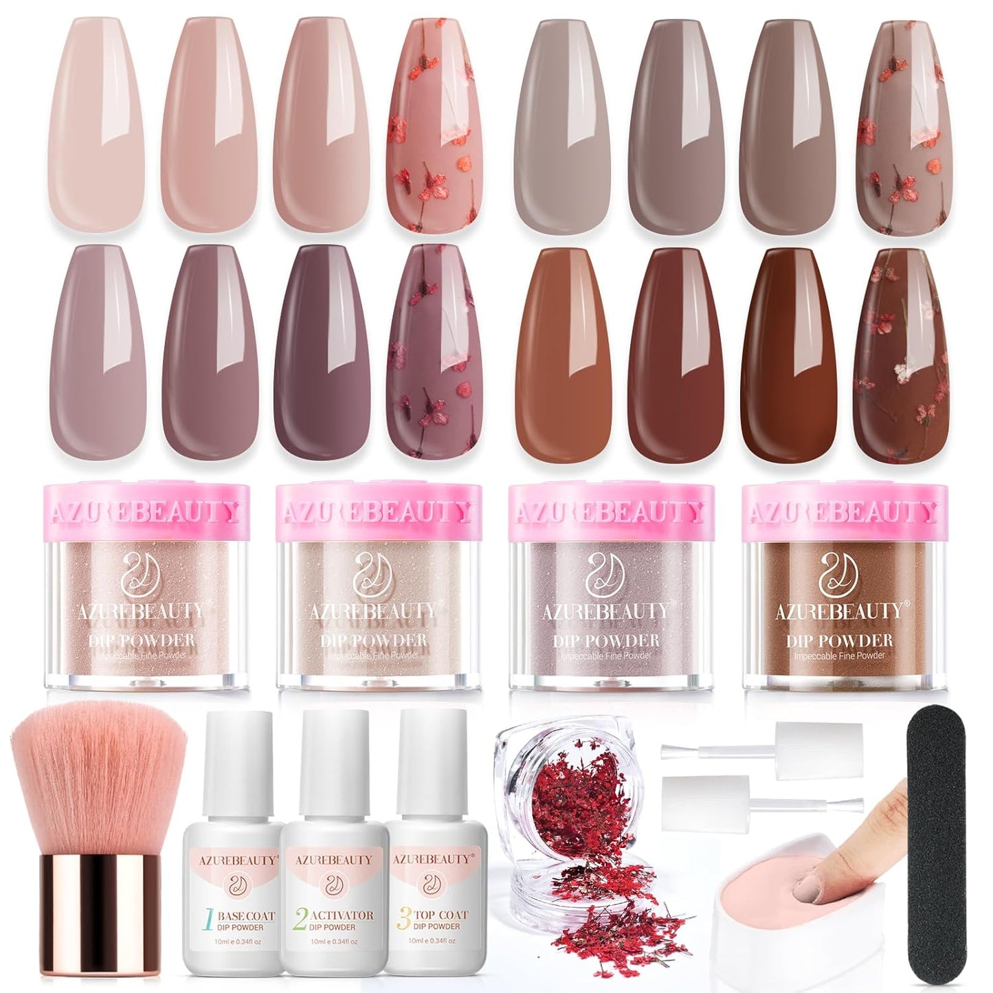 AZUREBEAUTY Dip Powder Nail Kit, 4 Colors Nude Brown with Dried Flower Set, Fall Winter Natural Dipping Powder Starter Liquid Set Recycling Tray with Base & Top Coat Activator ﻿