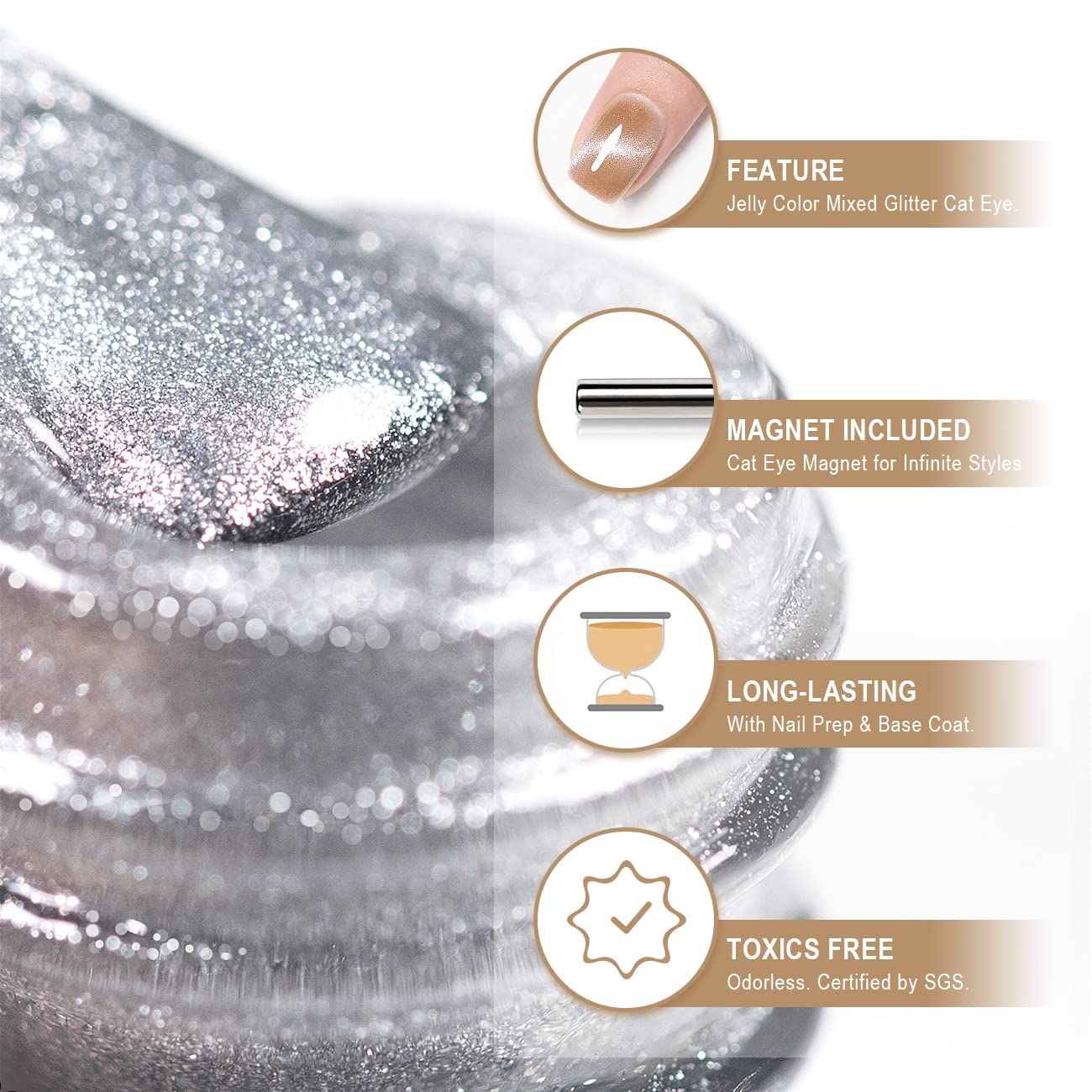 RARJSM Cat Eye Gel Polish 9D Cateye Silver Glitter Champagne Gold Galaxy Universal Velvet Effect Ice Gel Nail Polish Single Bottle with Magnetic Stick UV LED Curing Require Soak Off Home Salon 15ml