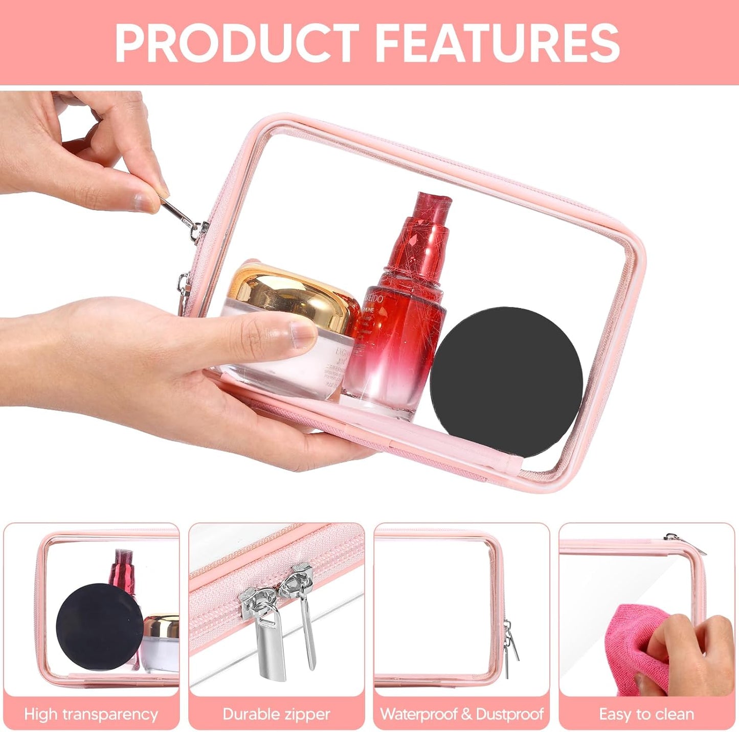 2 Pcs Clear Hard Zipper Case, Hard PC Plastic Cosmetic Travel Bag, Portable Travel Organizer Bins, Durable Makeup Bags for Toy Storage, Pencil Case(Pink Zipper)