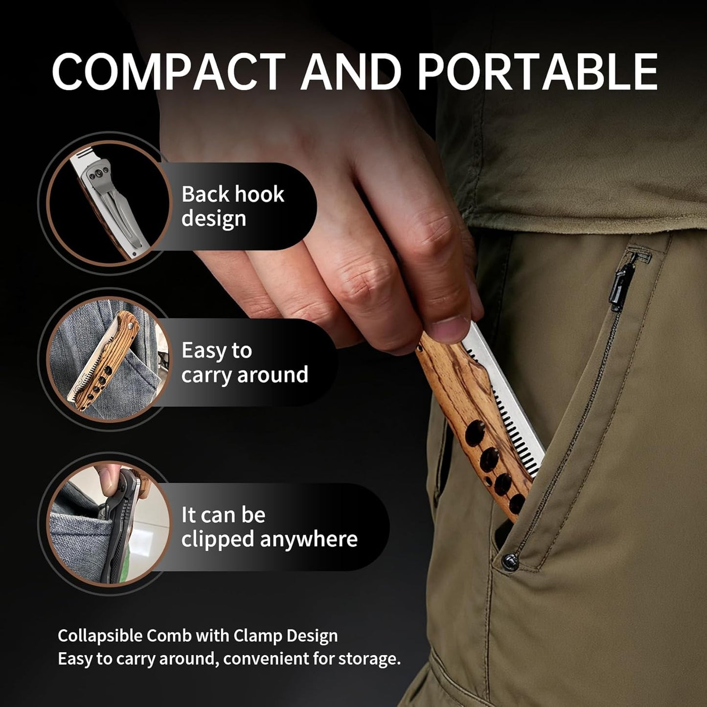 1PC Folding Pocket Beard & Hair Comb for Men - Stainless Steel Tactical Grooming Tool with Wooden Handle, EDC Pocket Comb with 180° Rotatable for Travel & Daily Styling