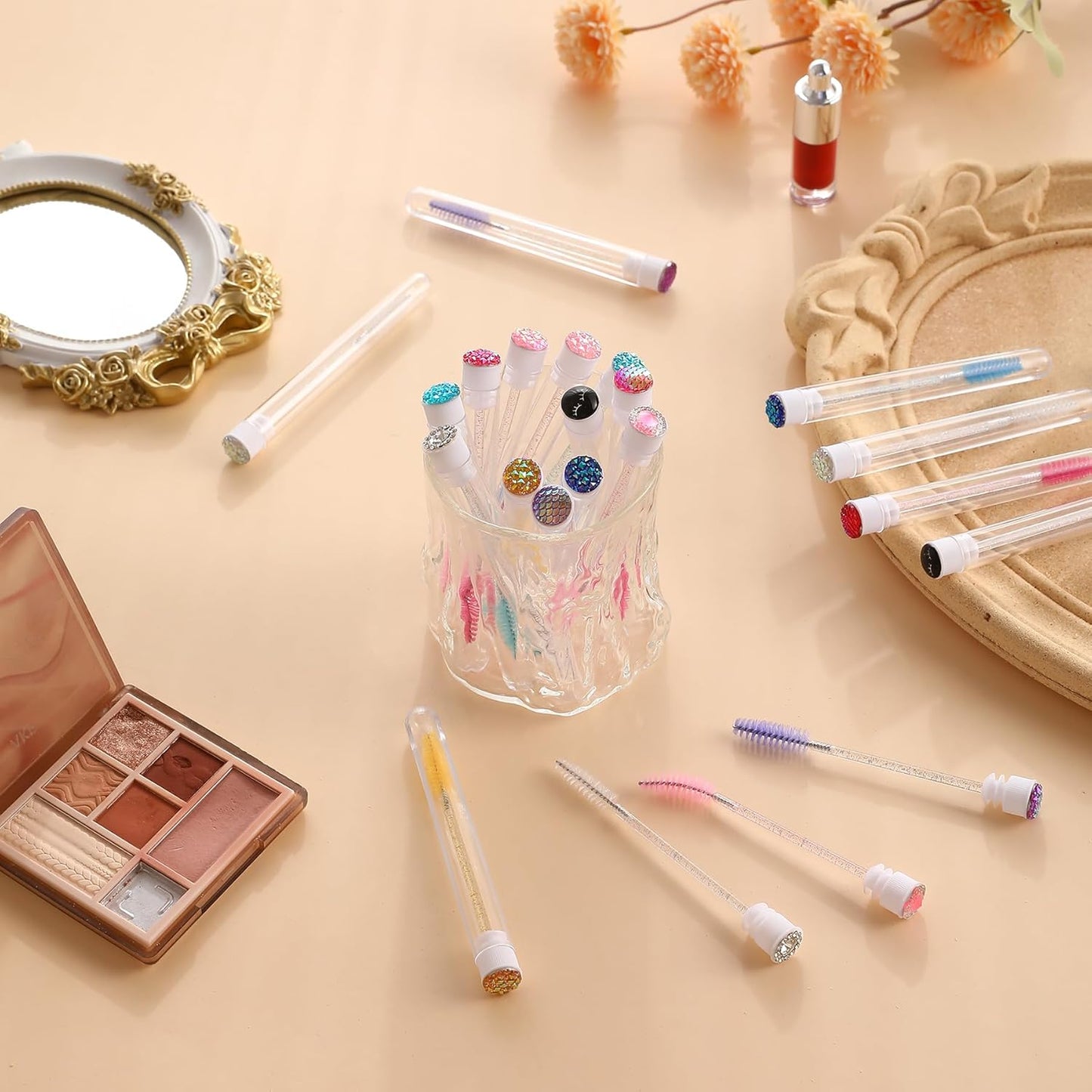 Upgrade 48 Pieces Disposable Mascara Wands Set,Diamond Mascara for Women and Girls- Include 24 Pcs Crystal Lash Spoolies Brush and 24 Pcs Reusable Keychain Empty Eyelash Brush Tubes