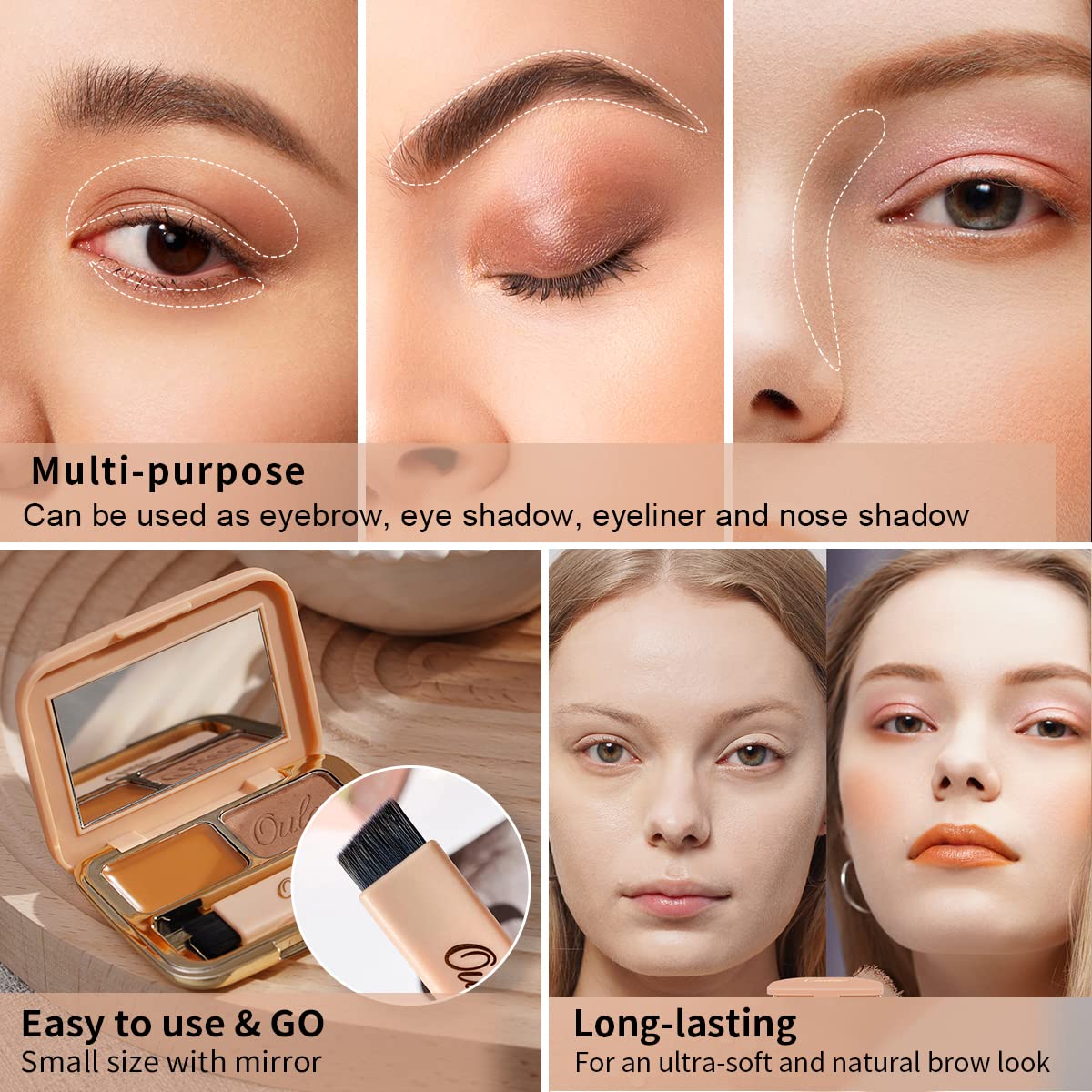 Oulac Waterproof Eyebrow Powder Gray Kit with Brow Brush 2 in1 Long Lasting Instant Eyebrow Pomade & Powder Natural Makeup for Sparse Brows 3.2 g/0.11 oz (Strawburn）