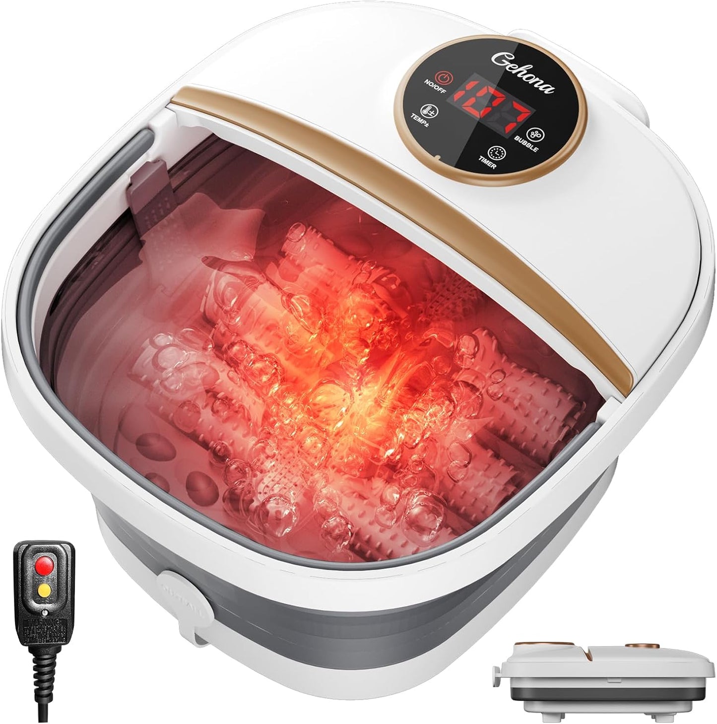 Collapsible Foot Spa Bath with Heat,Foot Massager with Two Side Supports,Leakage Protector,Temperature Control,Bubbles,Red Light,Timer, Feet Spa Tub,Feet Soaker,Gifts (White)