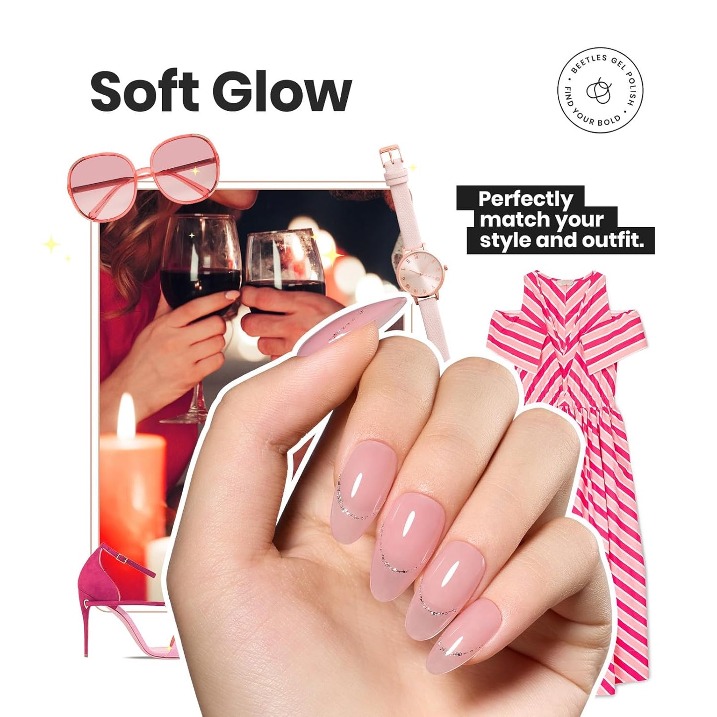 Beetles Jelly Nail Polish Set, 6 Colors Sheer Pink Nail Polish Long Lasting & Quick Dry Clear Jelly for Women, Pink Nail Strengthener Polish for Salon DIY Manicure Set