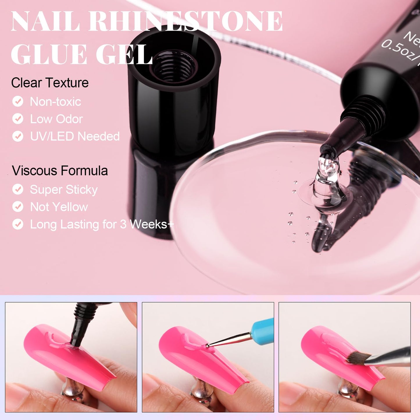 3D Flowers Manicure Gems with Nail Rhinestone Glue Gel, White Pink Acrylic Flower Charms Caviar Beads, Rhinestones for Nails Gem (UV/LED Needed) Dotting Tools