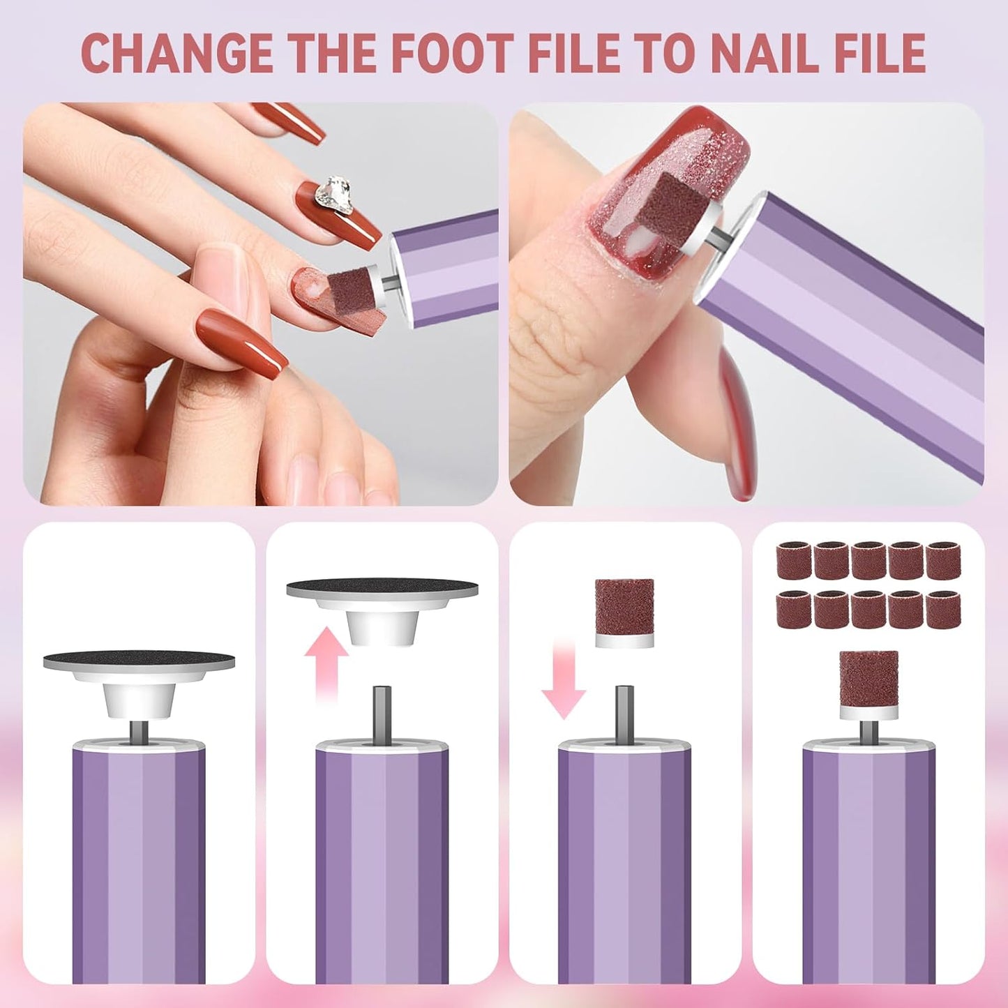 Electric Foot Callus Remover, 2-in-1 Electric Foot Filer/Nail Filer, Callus Remover for Feet with 40Pcs+10Pcs Sandpaper Discs, Professional Pedi Feet Care Perfect for Dead Skin Calluses Gift (Purple)