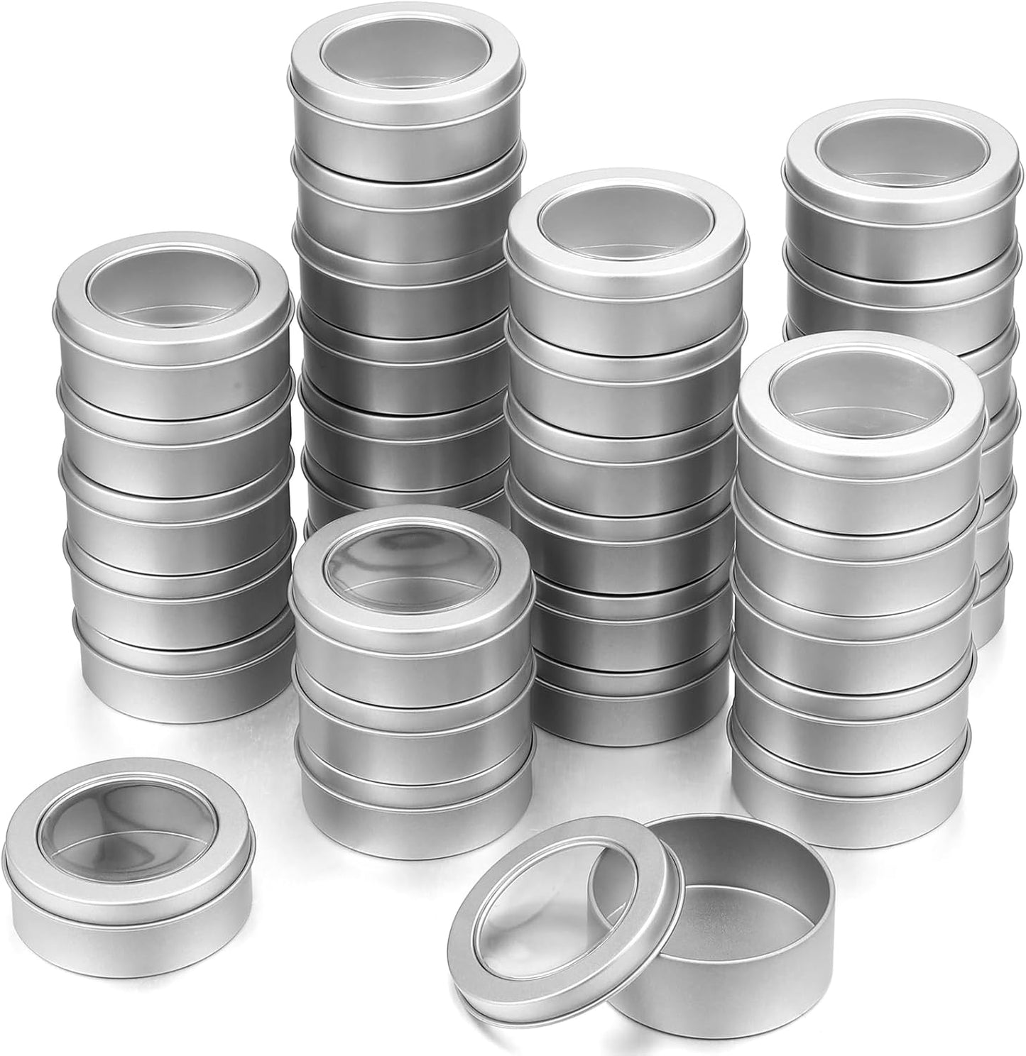 TecUnite 8 Pack 2 Ounce Metal Tin Cans Round Empty Container Salve Tins with Clear Lid for Kitchen, Office, Candles, Candies