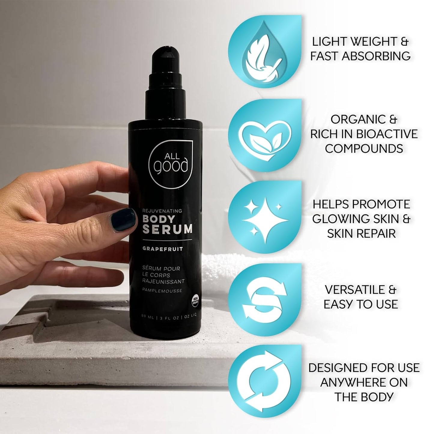 All Good Rejuvenating Body Serum for Men & Women - Calendula, Moringa, Sea Buckthorn & Essential Oils - Lightweight, Moisturizer & Replenishing Serum - Made in USA - 3oz (Grapefruit)